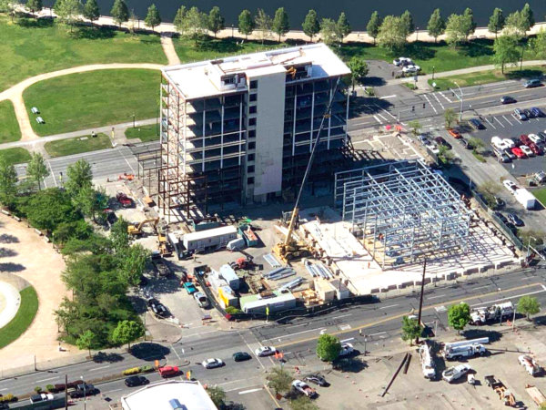 aerial view, parking garage under construction