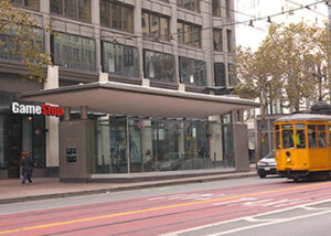 street level subway entrance with streetcar