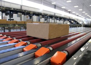 close up view of parcel on shipping system conveyor