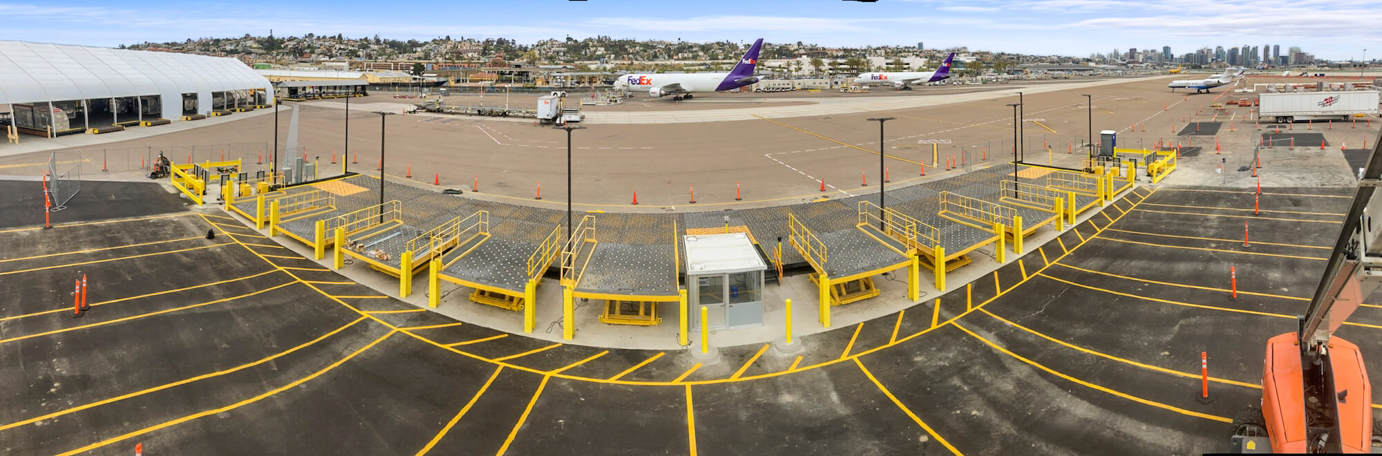 aerial view of newly constructed truck deck at an air cargo terminal