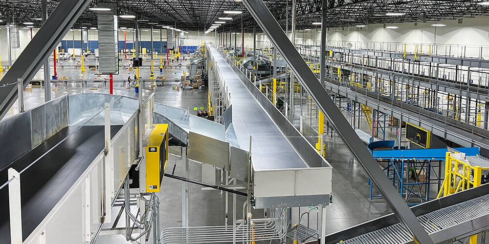 elevated conveyor system at parcel distribution center