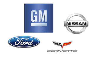 montage of gm, ford, nissan and covette logos